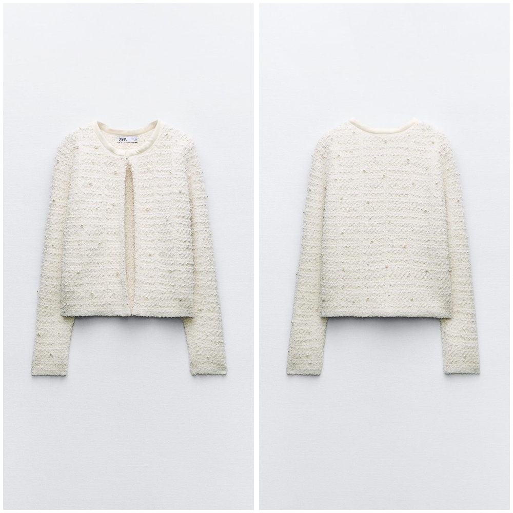 NWT, Zara Cream Textured Embellished Jacket - Picture 2 of 5